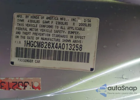 2004 Honda Accord 3.0 Ex from USA, damaged, VIN 1HGCM826X4A013258